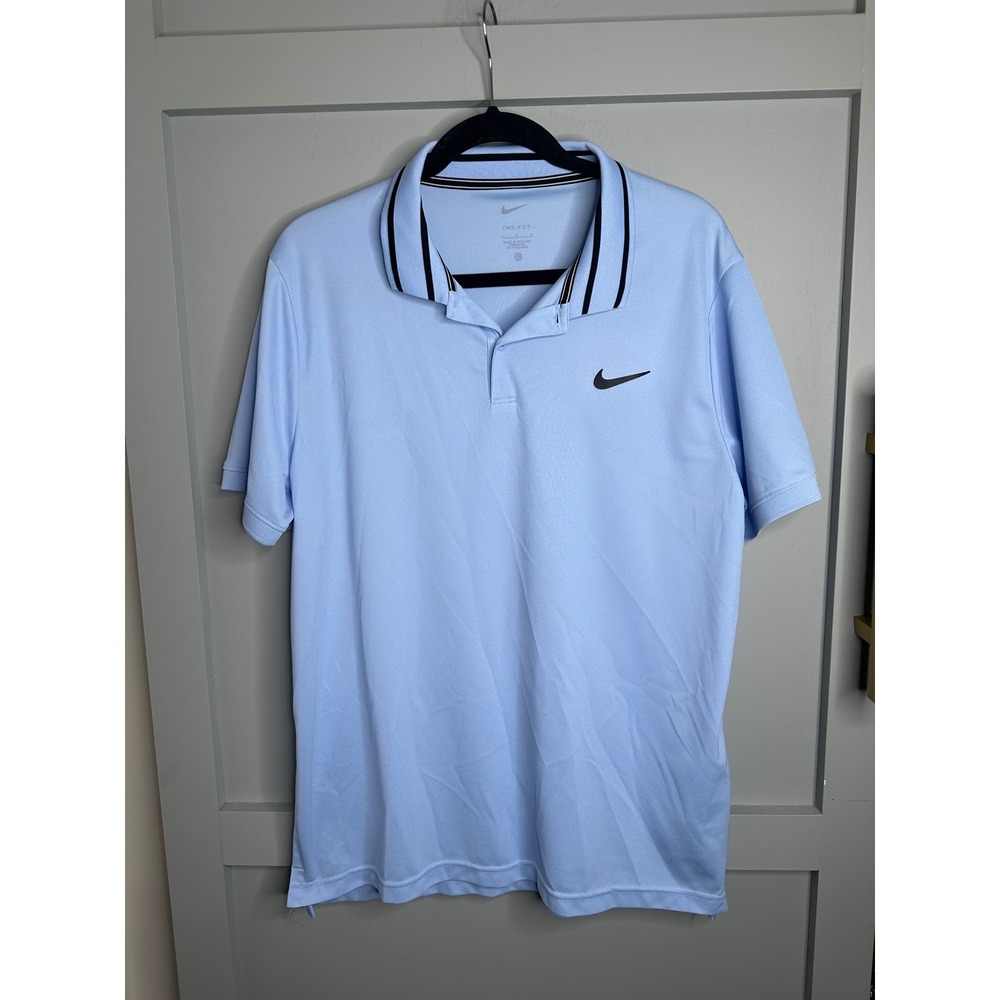 Nike Dri Fit‎ Golf Polo Shirt Mens Large L Light Blue Black Stripe Collar